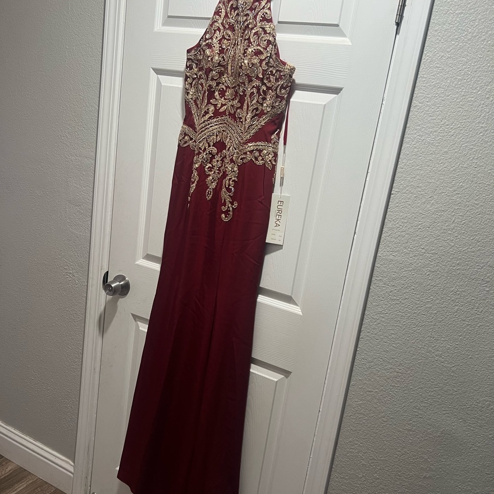 Eureka Burgundy Halter Evening Gown with Gold Embellishment